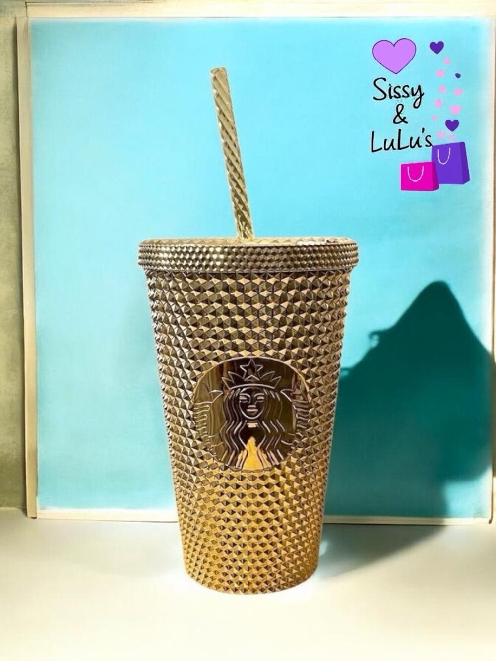 Starbucks Gold Studded Cold Cup Tumbler w/ Lid & Straw 16 oz Holiday 2022